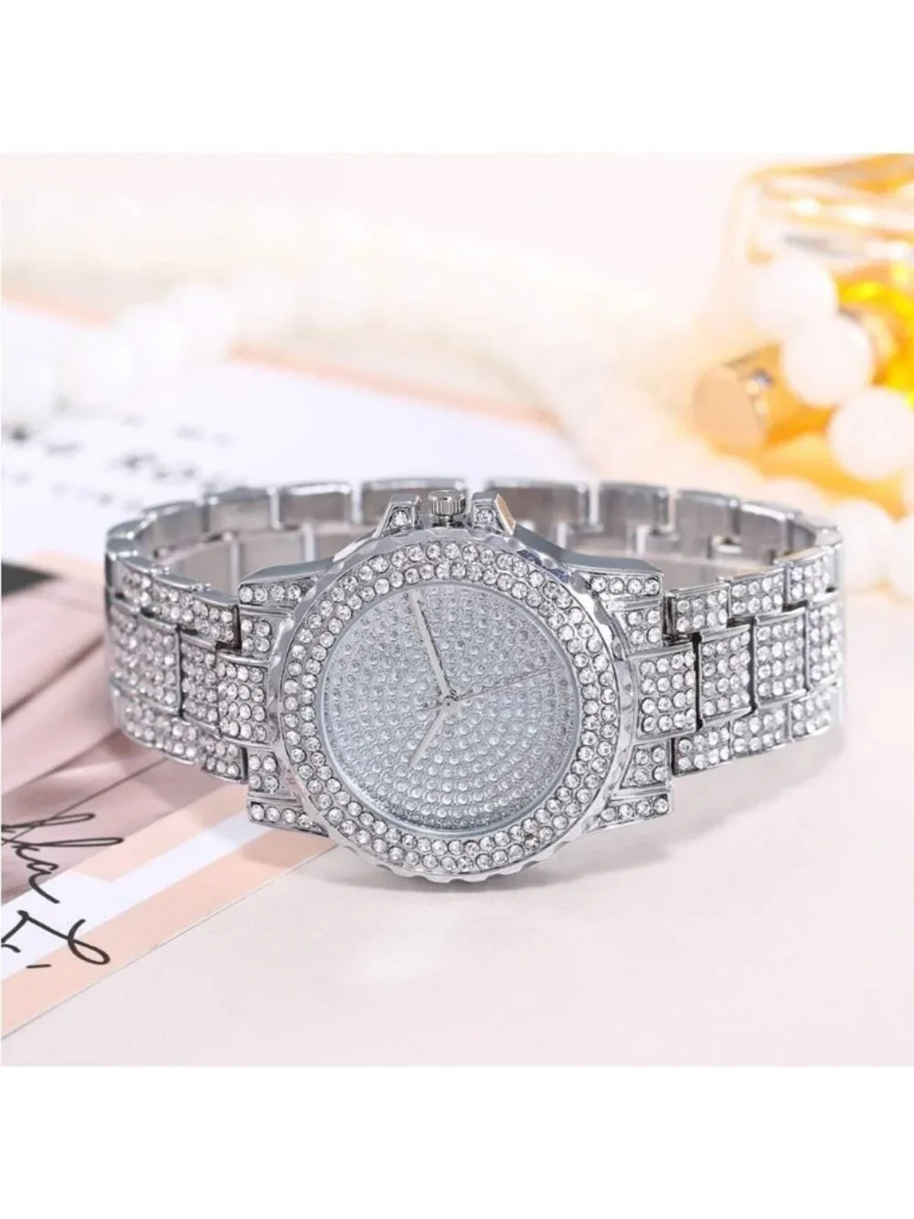 Women's Silver Diamond Stainless Steel Quartz Luxury Bling Fashion Crystal Watch
